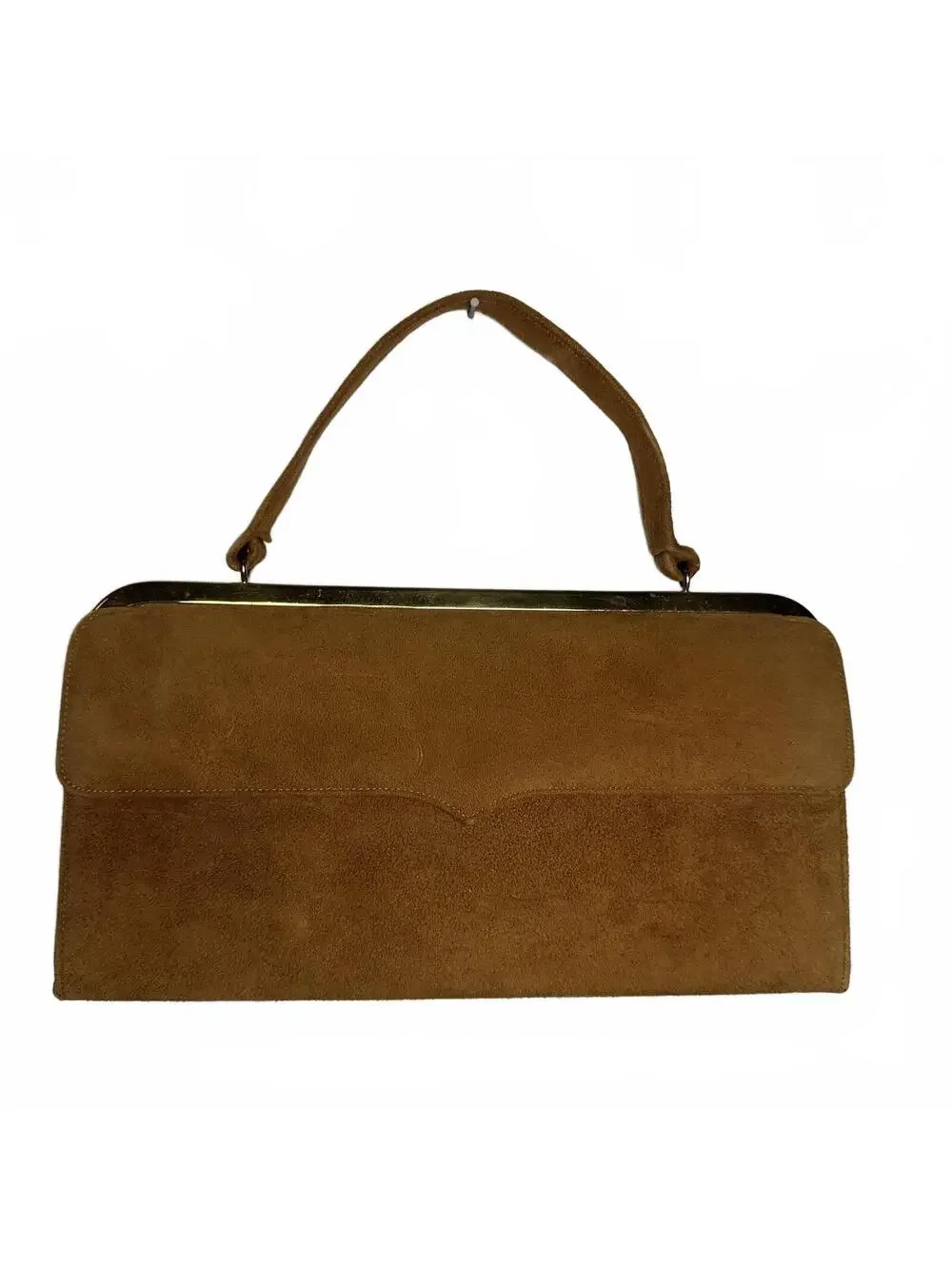 Vintage Camel Suede Clutch Purse w/ Top Handle & Gold Frame